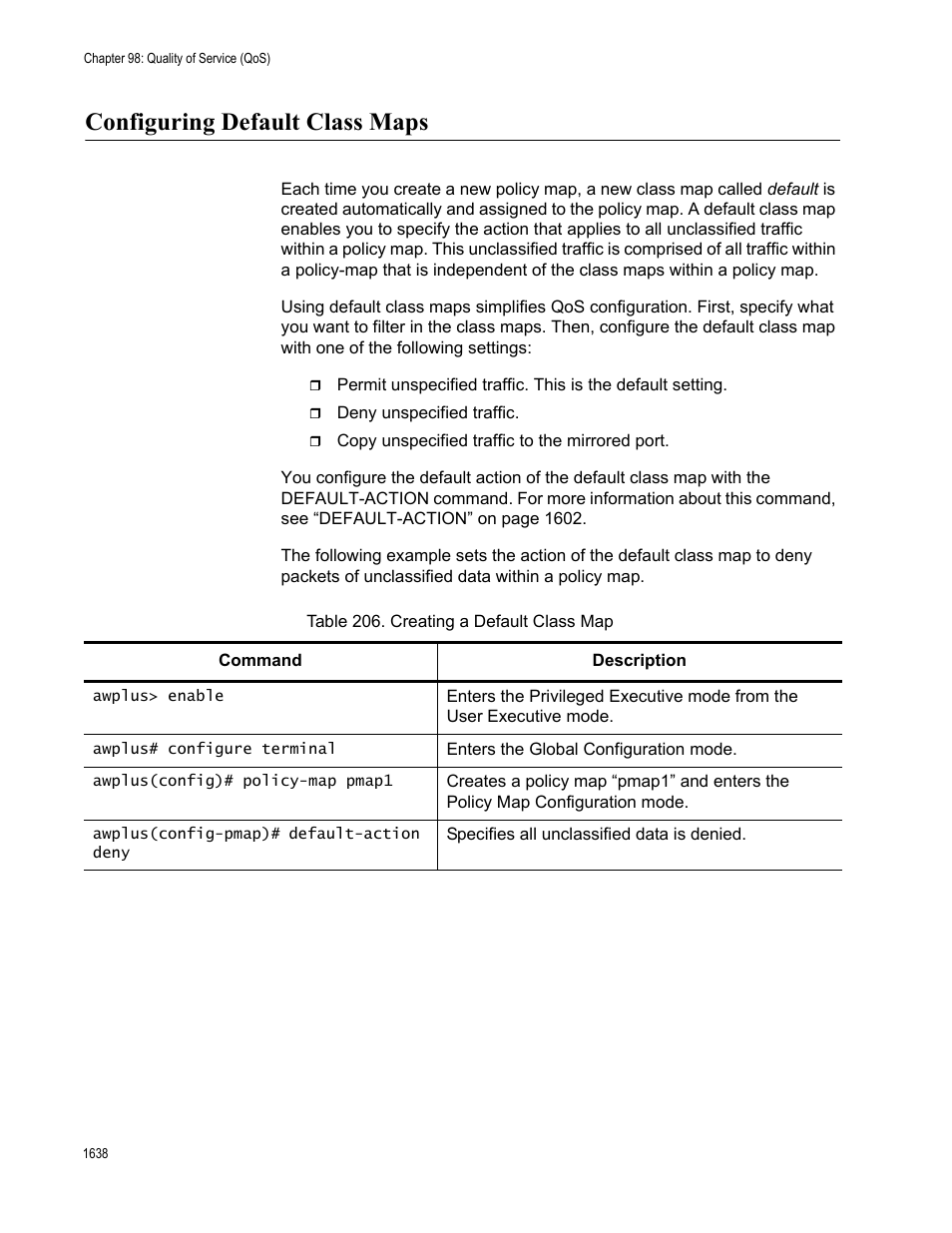 Configuring default class maps 8, Table 206. creating a default class map 8, Configuring default class maps | Allied Telesis AT-FS970M Series User Manual | Page 1638 / 1938