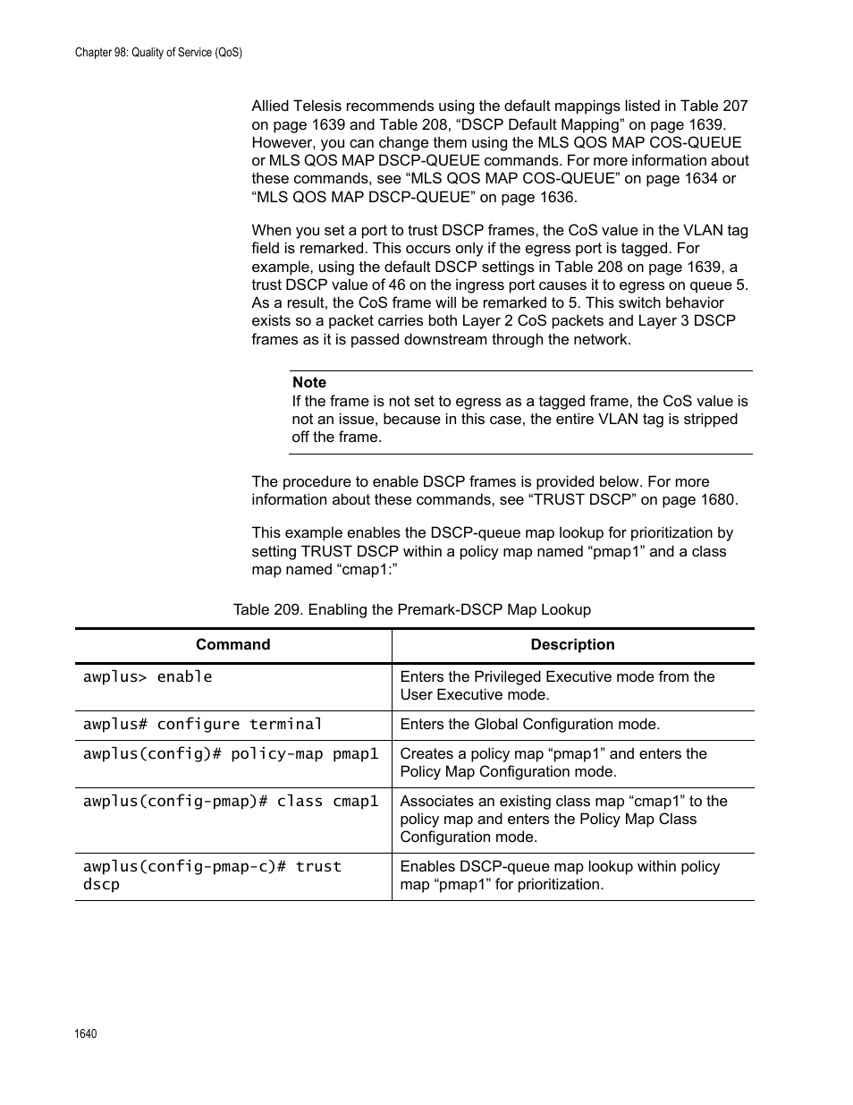 Table 209. enabling the premark-dscp map lookup 0 | Allied Telesis AT-FS970M Series User Manual | Page 1640 / 1938