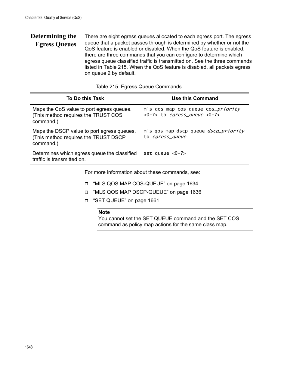 Determining the egress queues 8, Table 215. egress queue commands 8, Determining the egress queues | Allied Telesis AT-FS970M Series User Manual | Page 1648 / 1938