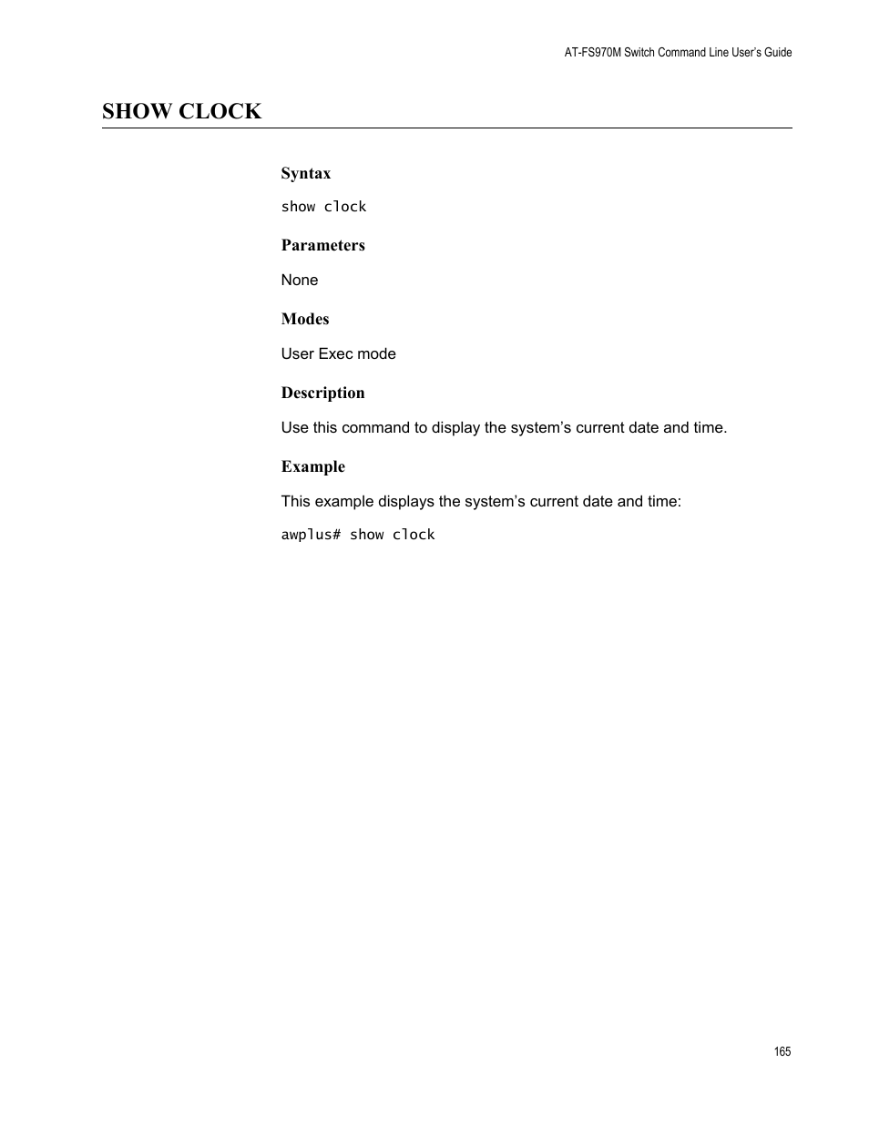 Show clock | Allied Telesis AT-FS970M Series User Manual | Page 165 / 1938