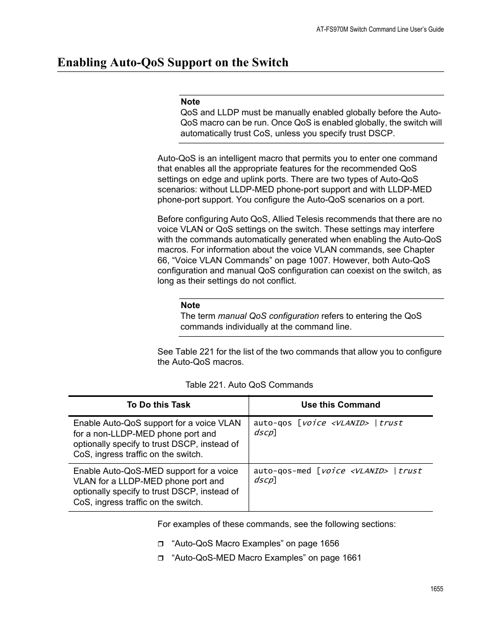 Enabling auto-qos support on the switch 5, Table 221. auto qos commands 5, Enabling auto-qos support on the switch | Allied Telesis AT-FS970M Series User Manual | Page 1655 / 1938