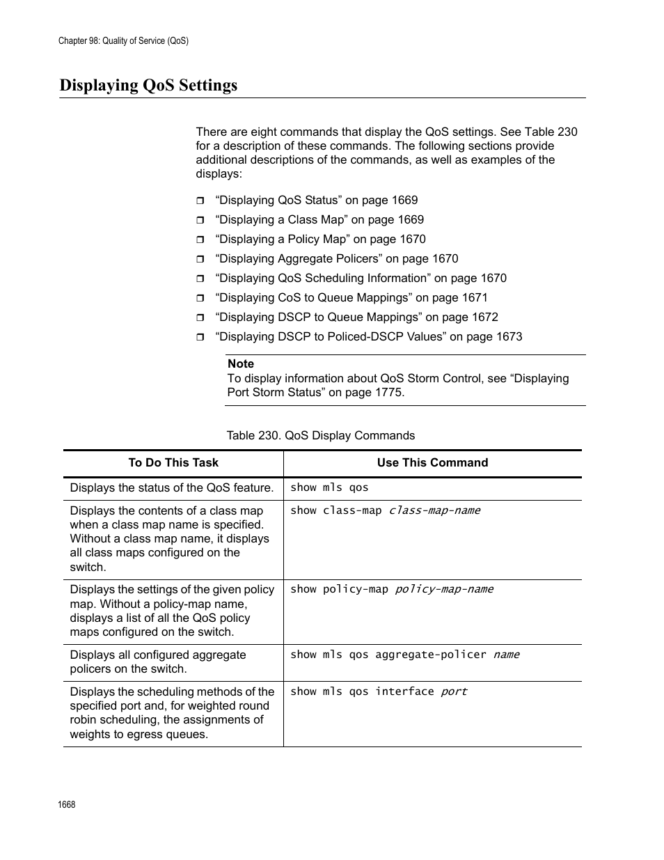 Displaying qos settings 8, Table 230. qos display commands 8, Displaying qos settings | Allied Telesis AT-FS970M Series User Manual | Page 1668 / 1938