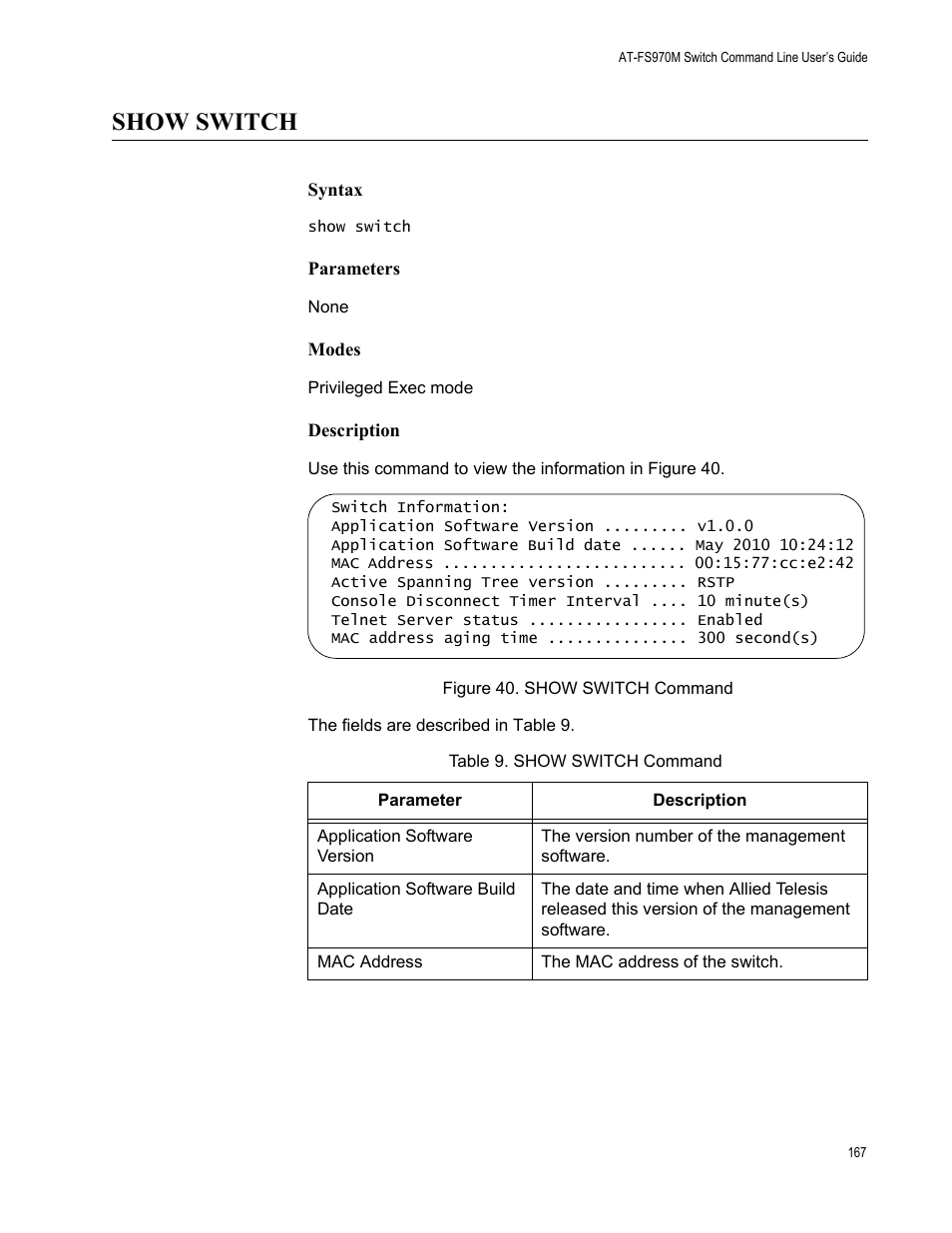 Show switch, Figure 40. show switch command, Table 9. show switch command | Allied Telesis AT-FS970M Series User Manual | Page 167 / 1938