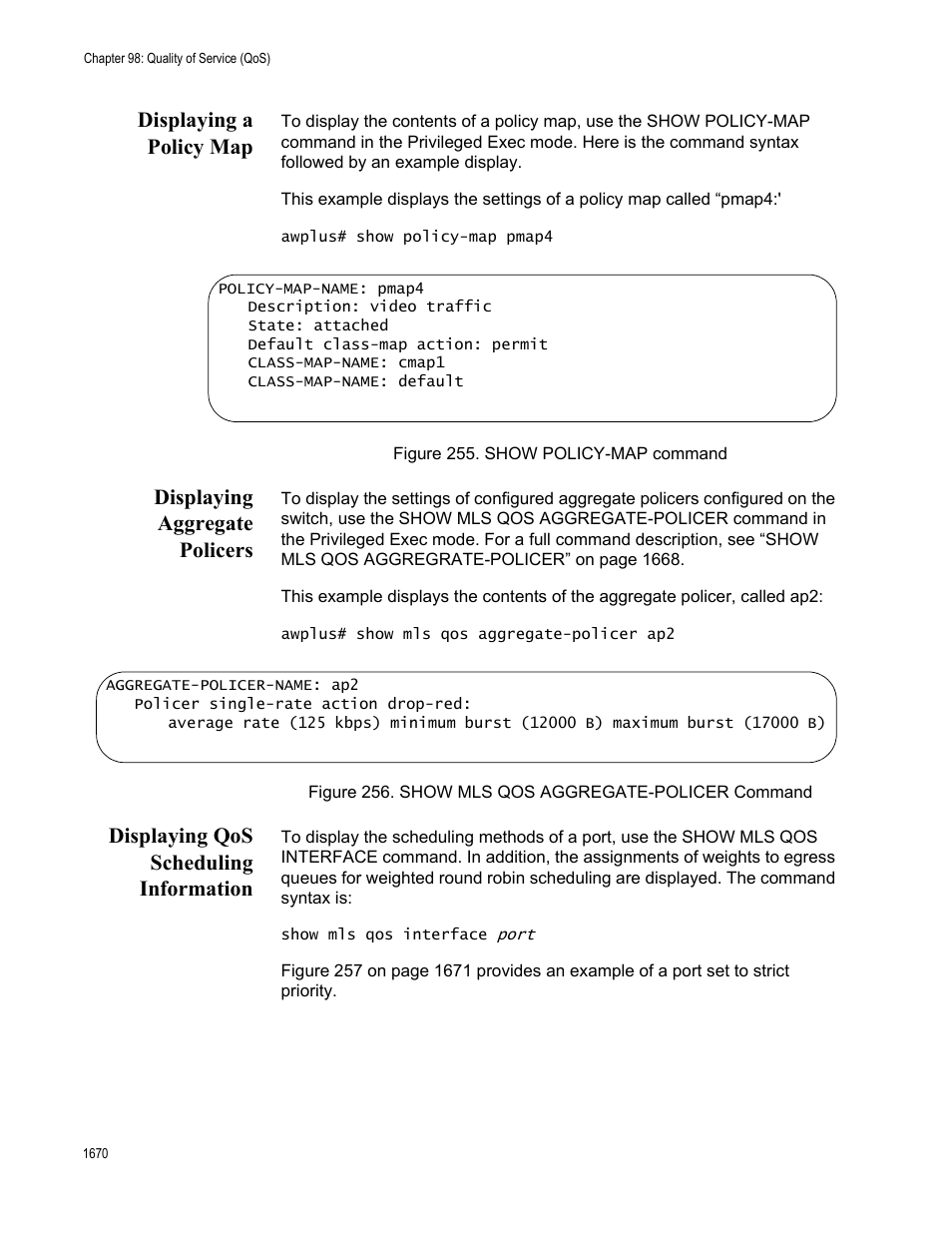 Displaying a policy map, Displaying aggregate policers, Displaying qos scheduling information | Allied Telesis AT-FS970M Series User Manual | Page 1670 / 1938