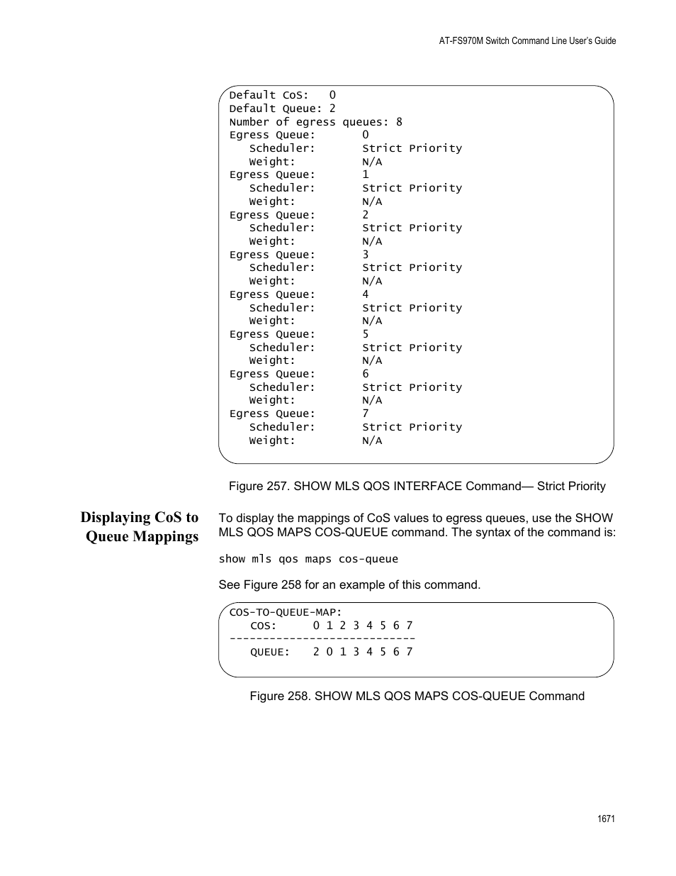 Displaying cos to queue mappings 1, Displaying cos to queue mappings | Allied Telesis AT-FS970M Series User Manual | Page 1671 / 1938