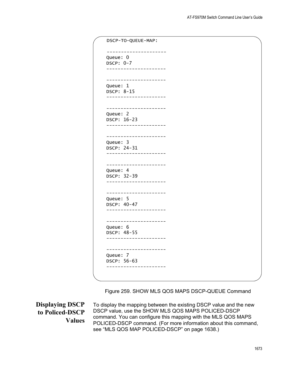 Displaying dscp to policed-dscp values 3, Figure 259. show mls qos maps dscp-queue command 3, Displaying dscp to policed-dscp values | Allied Telesis AT-FS970M Series User Manual | Page 1673 / 1938