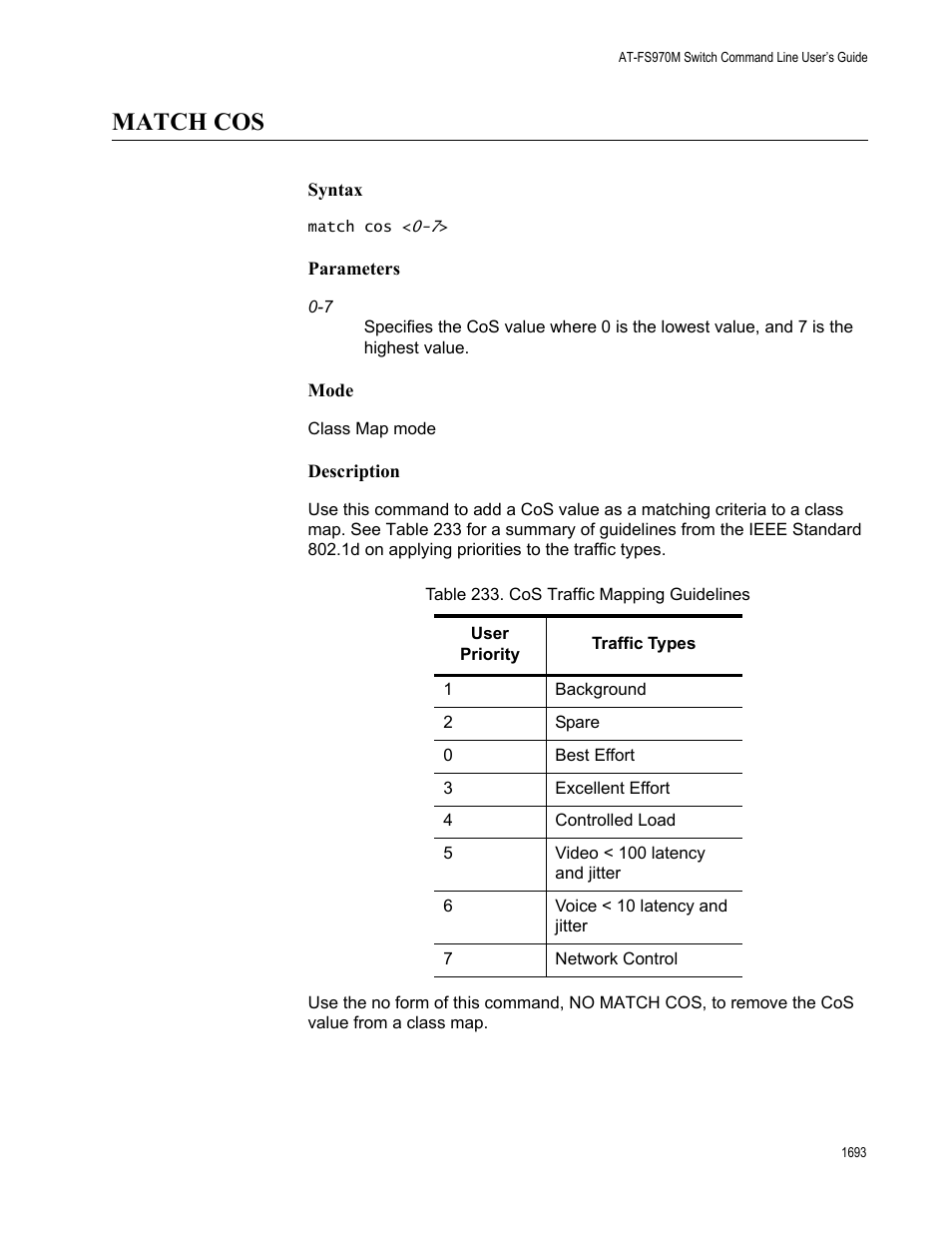 Match cos 3, Table 233. cos traffic mapping guidelines 3, Match cos | Allied Telesis AT-FS970M Series User Manual | Page 1693 / 1938
