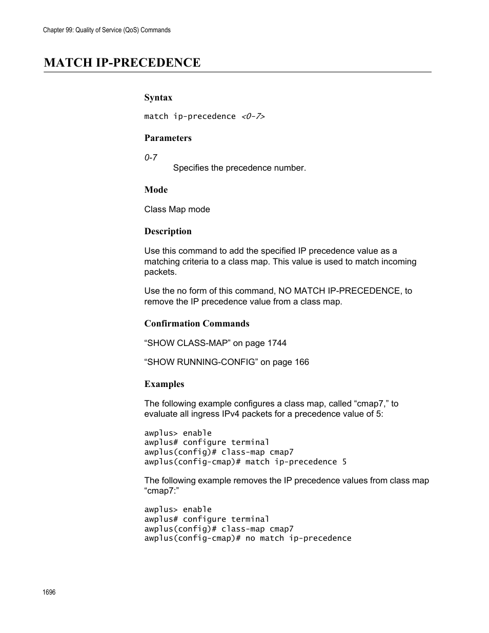 Match ip-precedence 6, Match ip-precedence | Allied Telesis AT-FS970M Series User Manual | Page 1696 / 1938