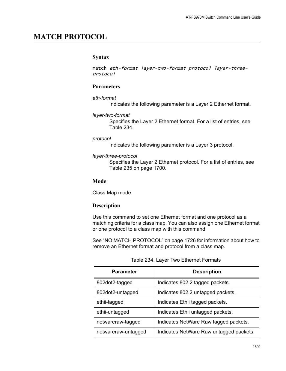 Match protocol 9, Table 234. layer two ethernet formats 9, Match protocol | Allied Telesis AT-FS970M Series User Manual | Page 1699 / 1938