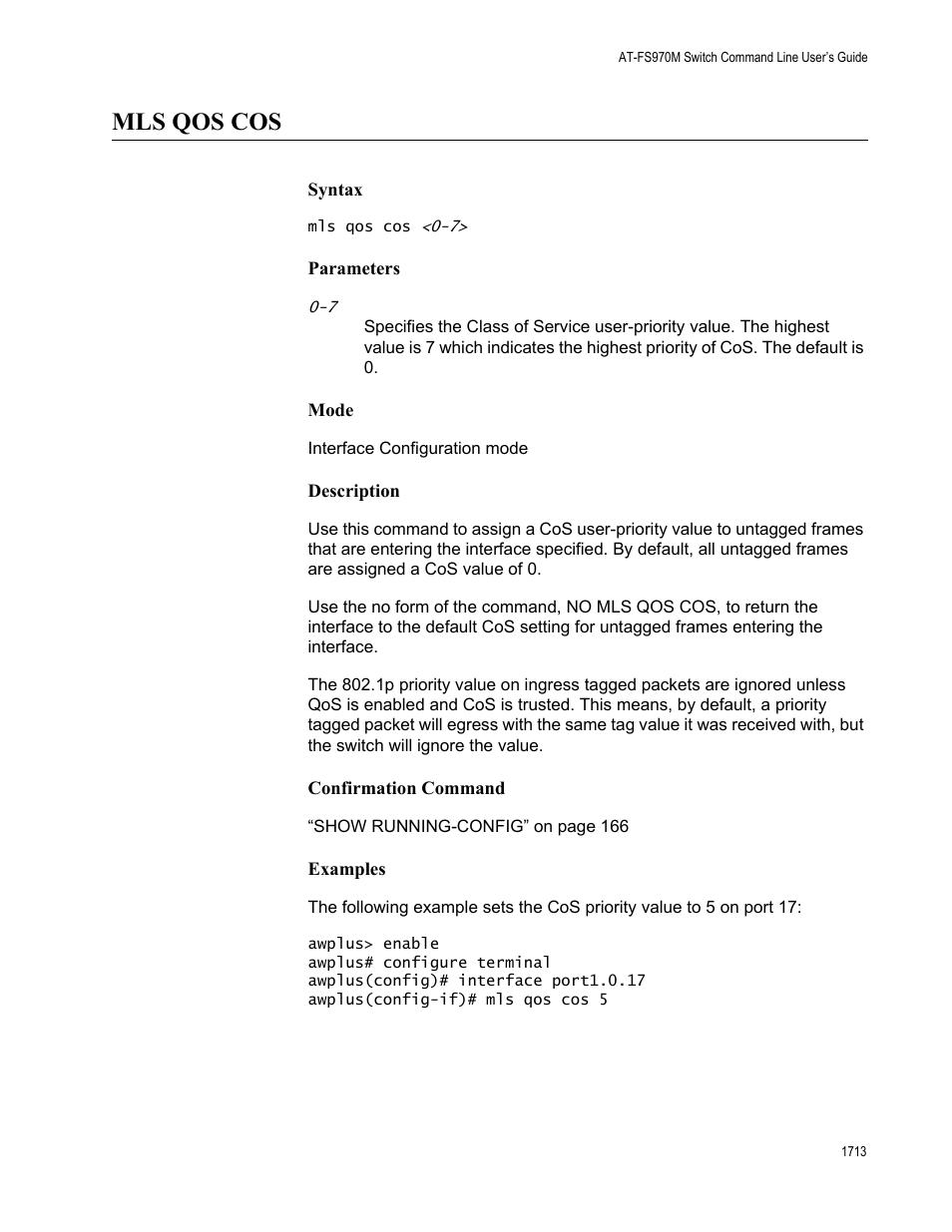 Mls qos cos 3, Mls qos cos | Allied Telesis AT-FS970M Series User Manual | Page 1713 / 1938