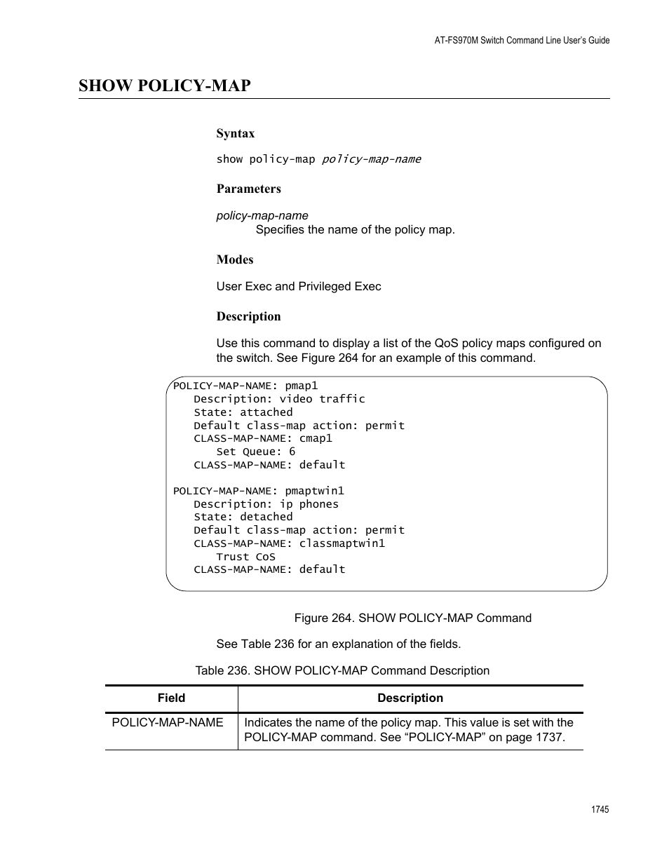 Show policy-map 5, Figure 264. show policy-map command 5, Table 236. show policy-map command description 5 | Show policy-map | Allied Telesis AT-FS970M Series User Manual | Page 1745 / 1938