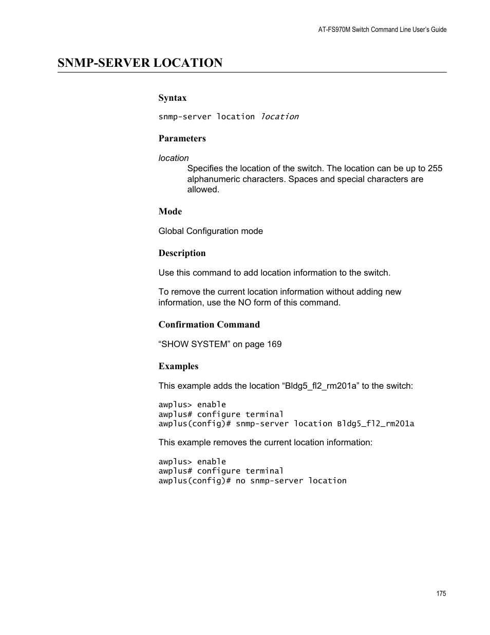 Snmp-server location | Allied Telesis AT-FS970M Series User Manual | Page 175 / 1938