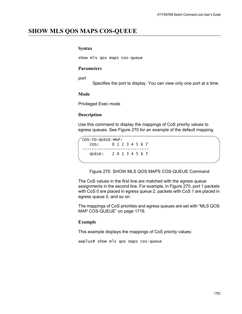 Show mls qos maps cos-queue 3, Figure 270. show mls qos maps cos-queue command 3, Show mls qos maps cos-queue | Allied Telesis AT-FS970M Series User Manual | Page 1753 / 1938