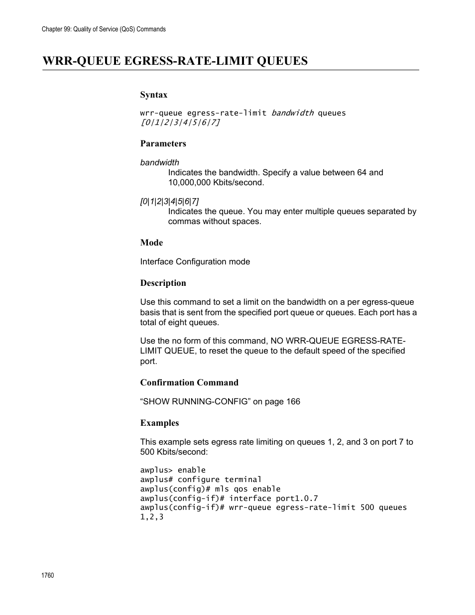 Wrr-queue egress-rate-limit queues 0, Wrr-queue egress-rate-limit queues | Allied Telesis AT-FS970M Series User Manual | Page 1760 / 1938