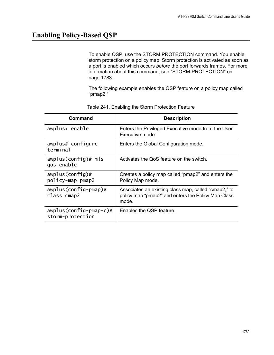 Enabling policy-based qsp 9, Table 241. enabling the storm protection feature 9, Enabling policy-based qsp | Allied Telesis AT-FS970M Series User Manual | Page 1769 / 1938