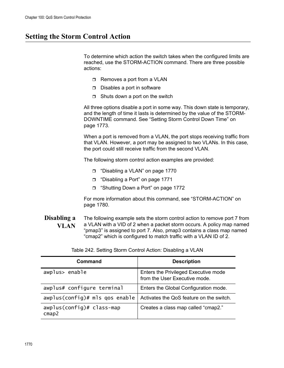 Setting the storm control action 0, Disabling a vlan 0, Setting the storm control action | Disabling a vlan | Allied Telesis AT-FS970M Series User Manual | Page 1770 / 1938