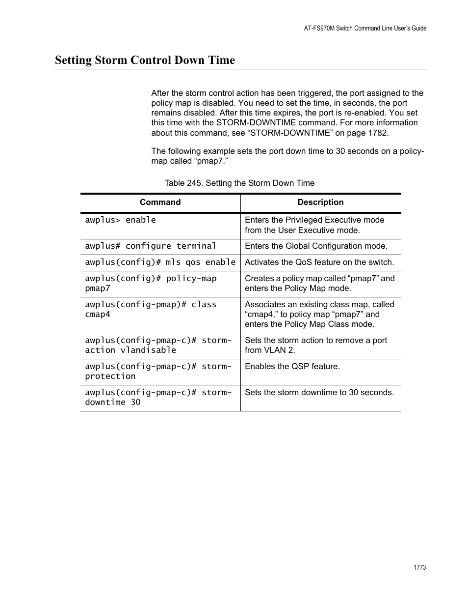 Setting storm control down time 3, Table 245. setting the storm down time 3, Setting storm control down time | Allied Telesis AT-FS970M Series User Manual | Page 1773 / 1938