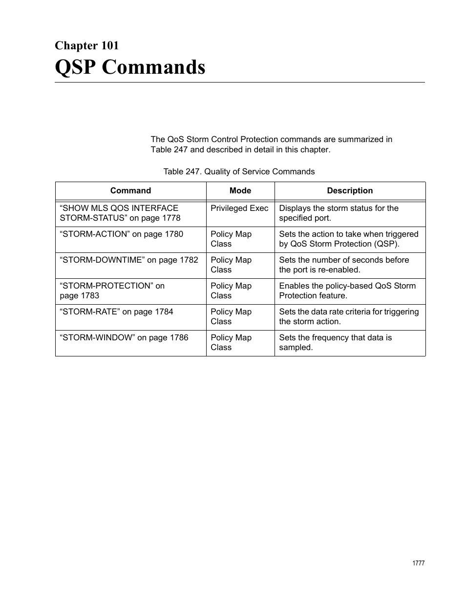 Chapter 101, Qsp commands, Table 247. quality of service commands 7 | Allied Telesis AT-FS970M Series User Manual | Page 1777 / 1938