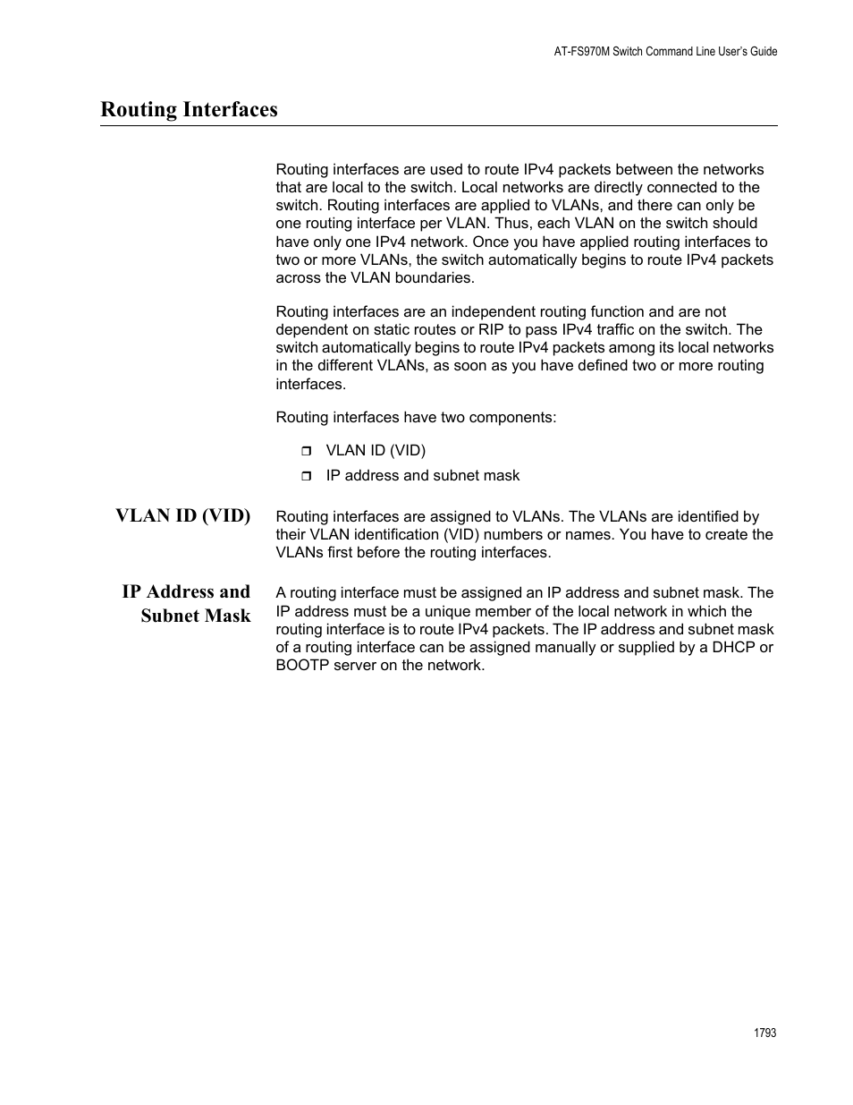 Routing interfaces 3, Vlan id (vid) 3 ip address and subnet mask 3, Routing interfaces | Vlan id (vid), Ip address and subnet mask | Allied Telesis AT-FS970M Series User Manual | Page 1793 / 1938