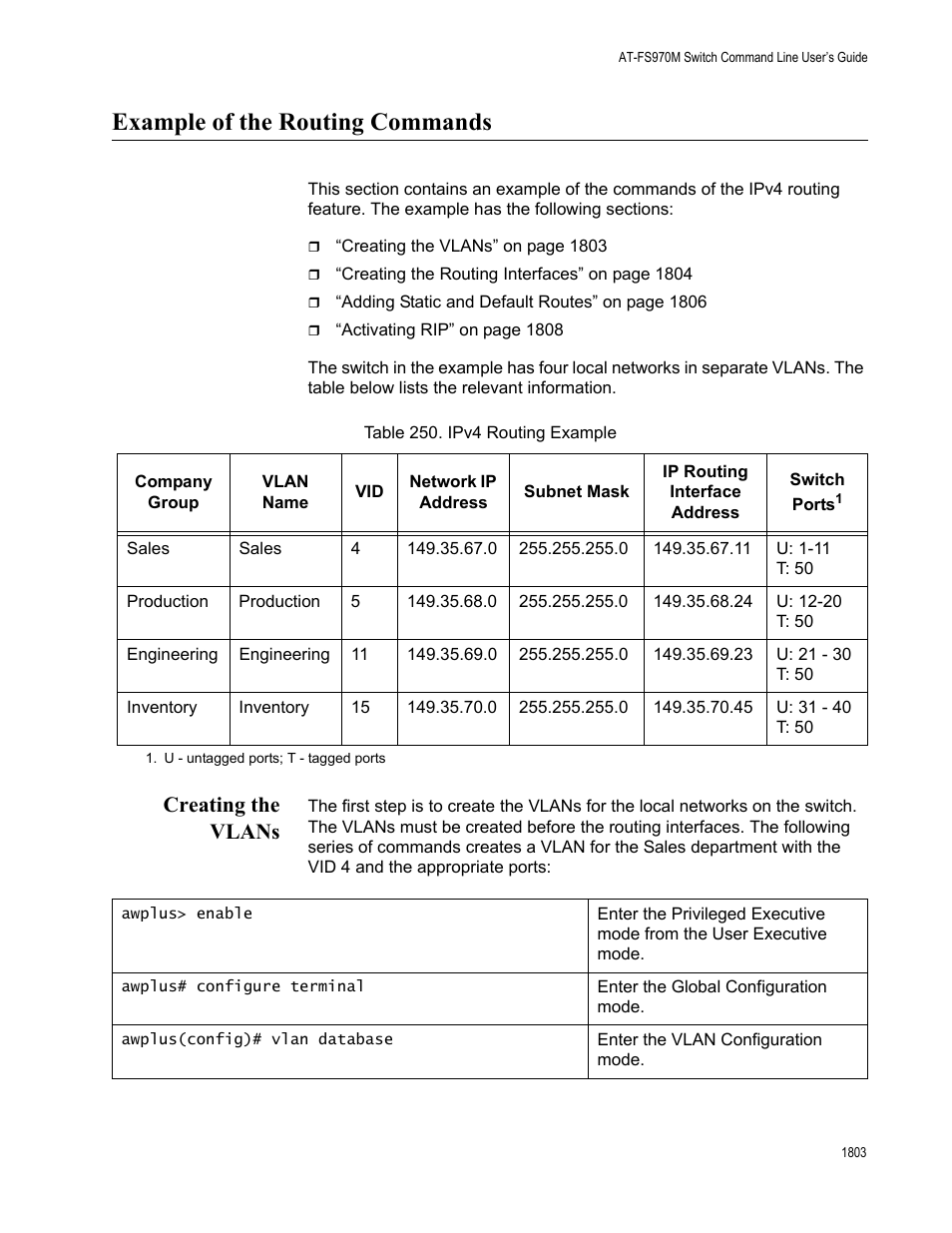 Example of the routing commands 3, Creating the vlans 3, Table 250. ipv4 routing example 3 | Example of the routing commands, Creating the vlans | Allied Telesis AT-FS970M Series User Manual | Page 1803 / 1938