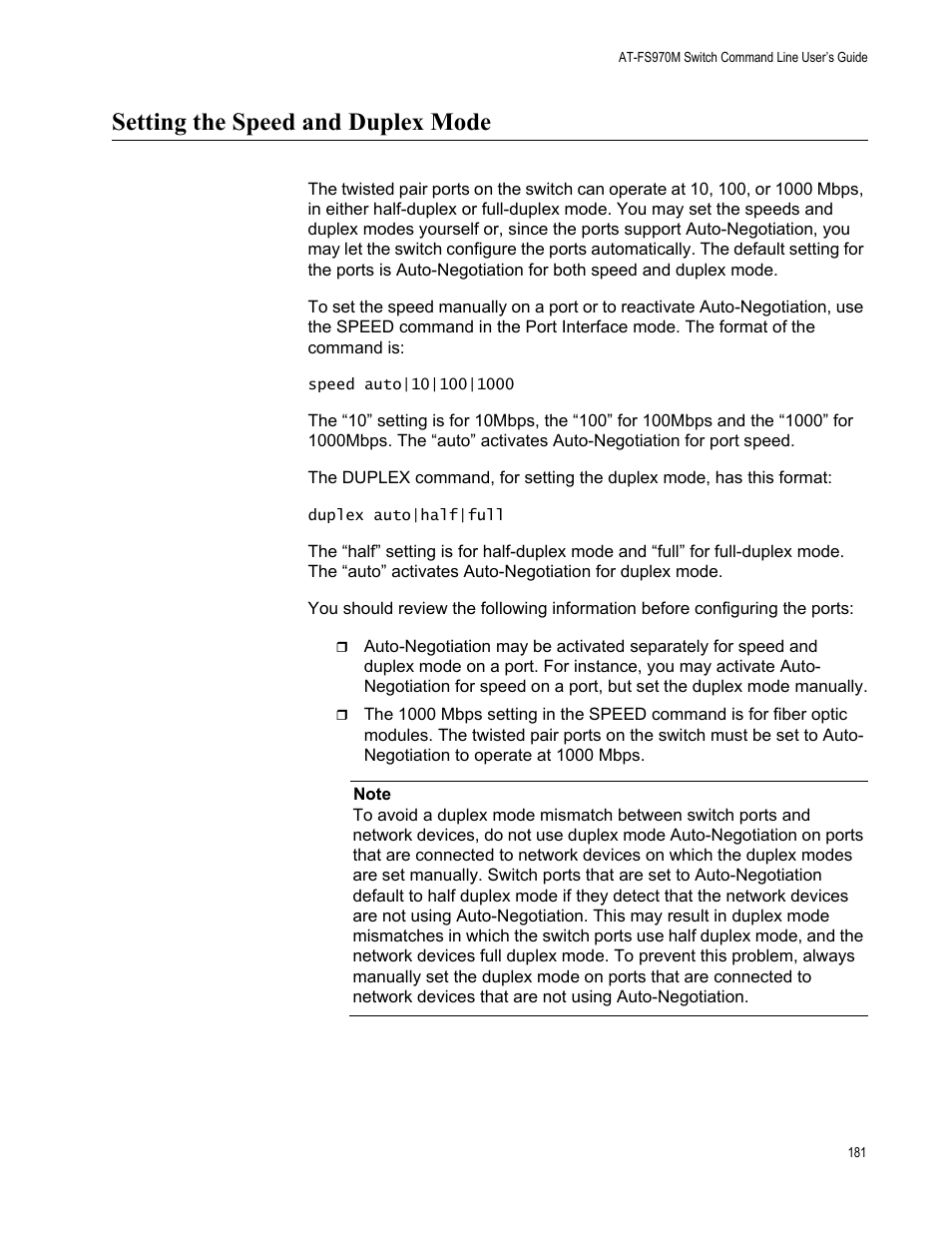 Setting the speed and duplex mode | Allied Telesis AT-FS970M Series User Manual | Page 181 / 1938