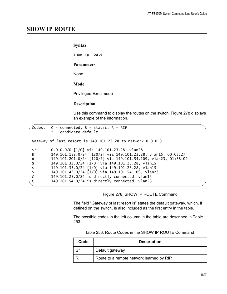 Show ip route 7, Figure 278. show ip route command 7, Show ip route | Allied Telesis AT-FS970M Series User Manual | Page 1827 / 1938