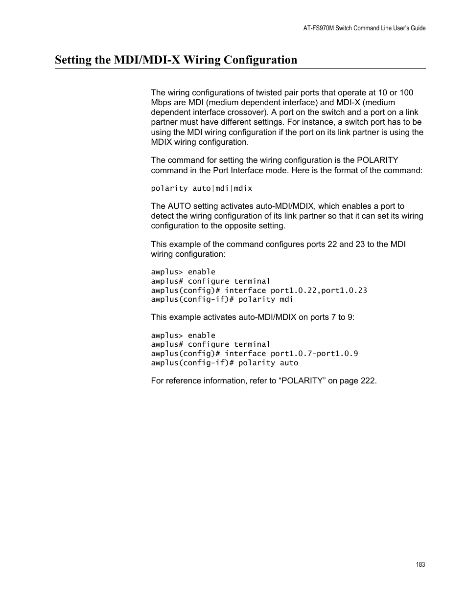 Setting the mdi/mdi-x wiring configuration | Allied Telesis AT-FS970M Series User Manual | Page 183 / 1938