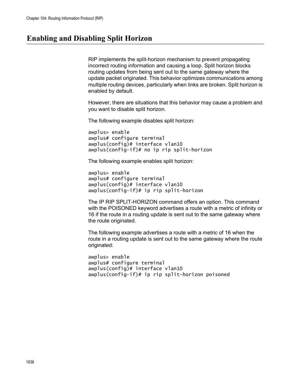 Enabling and disabling split horizon 8, Enabling and disabling split horizon | Allied Telesis AT-FS970M Series User Manual | Page 1838 / 1938