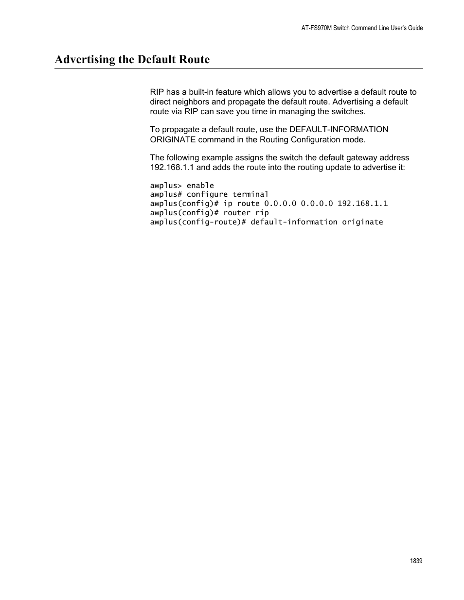 Advertising the default route 9, Advertising the default route | Allied Telesis AT-FS970M Series User Manual | Page 1839 / 1938