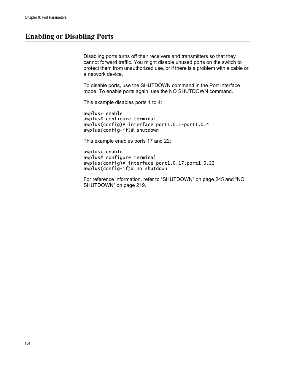 Enabling or disabling ports | Allied Telesis AT-FS970M Series User Manual | Page 184 / 1938