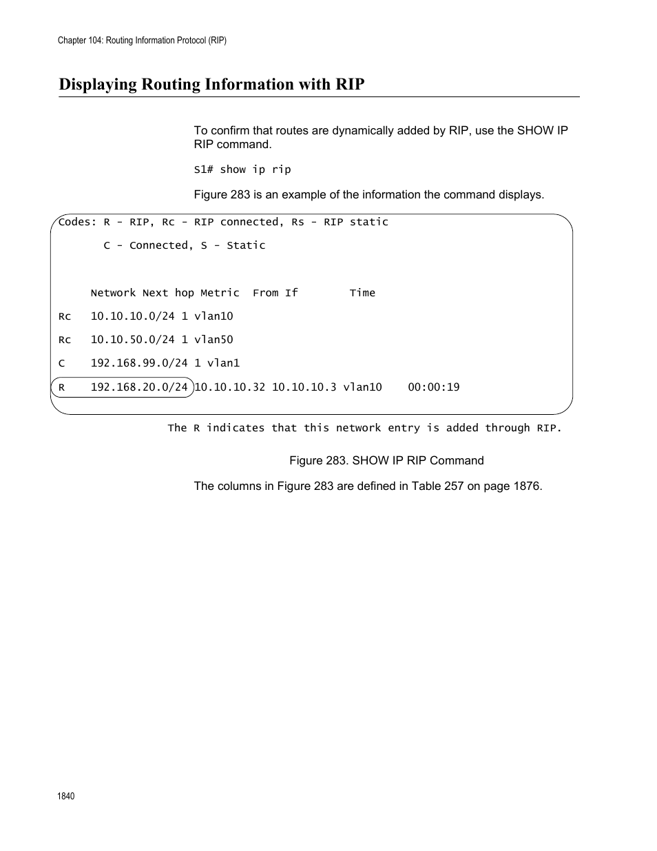 Displaying routing information with rip 0, Figure 283. show ip rip command 0, Displaying routing information with rip | Allied Telesis AT-FS970M Series User Manual | Page 1840 / 1938