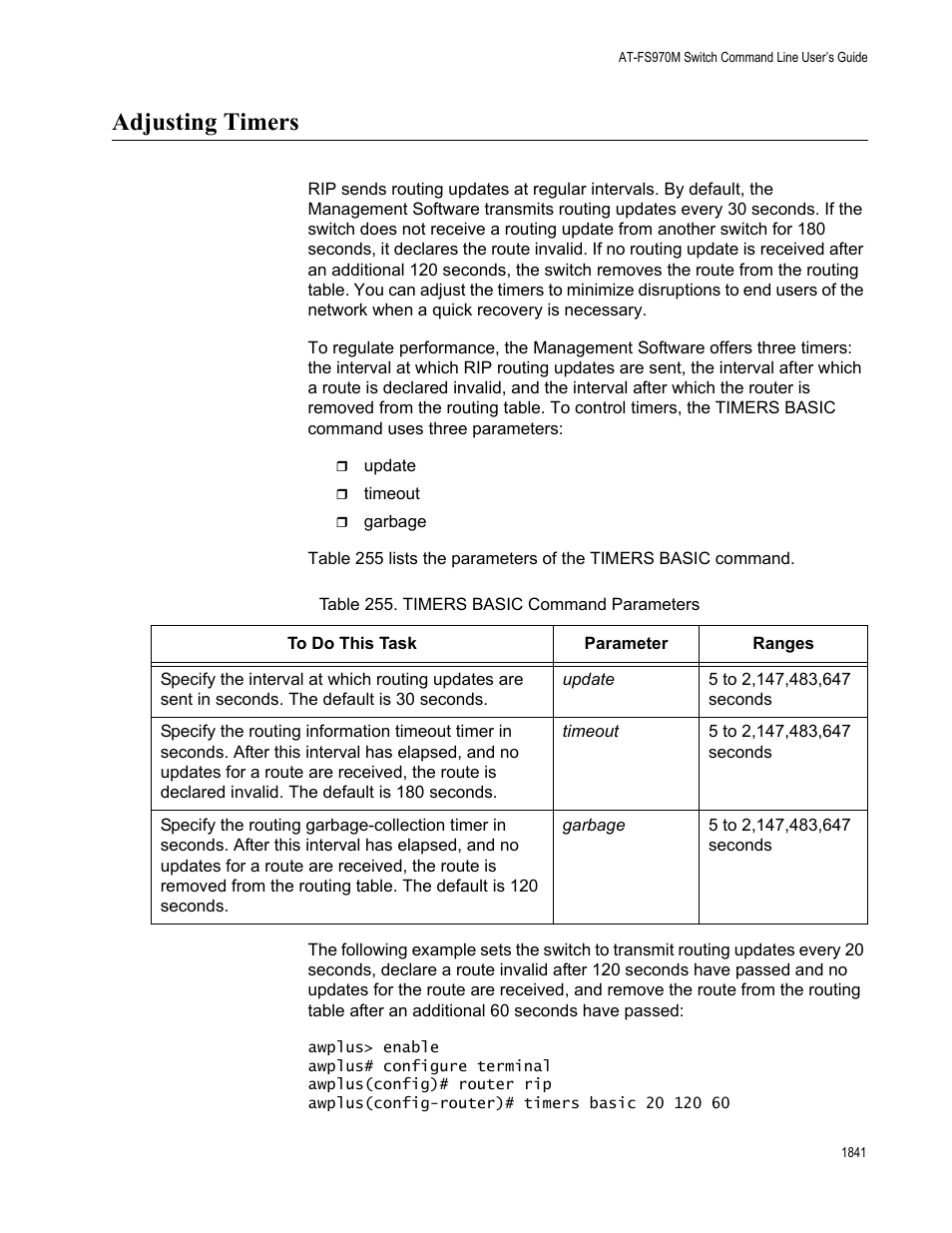 Adjusting timers 1, Table 255. timers basic command parameters 1, Adjusting timers | Allied Telesis AT-FS970M Series User Manual | Page 1841 / 1938