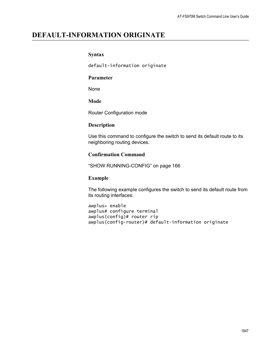 Default-information originate 7, Default-information originate | Allied Telesis AT-FS970M Series User Manual | Page 1847 / 1938