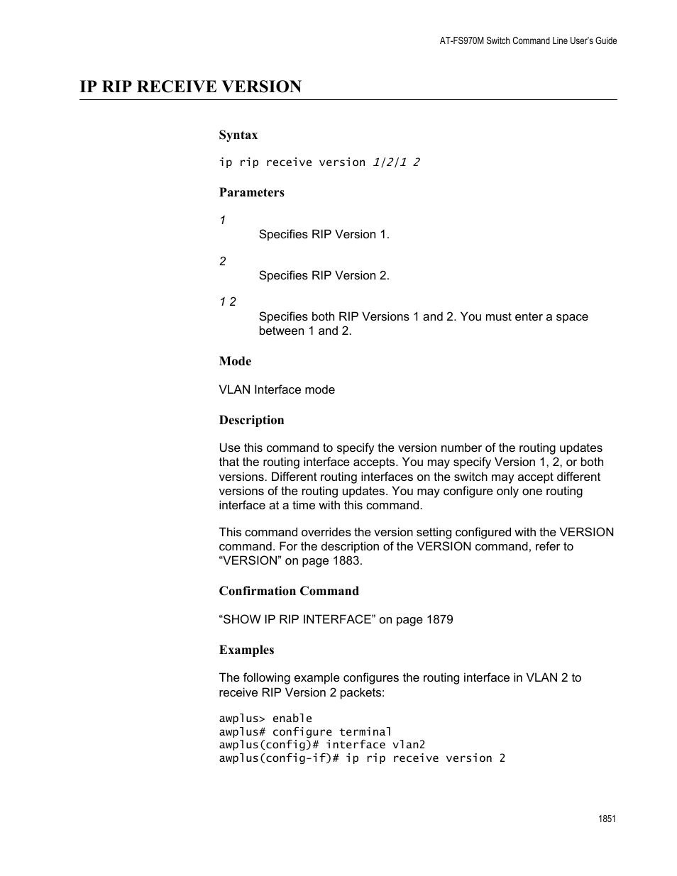 Ip rip receive version 1, Ip rip receive version | Allied Telesis AT-FS970M Series User Manual | Page 1851 / 1938
