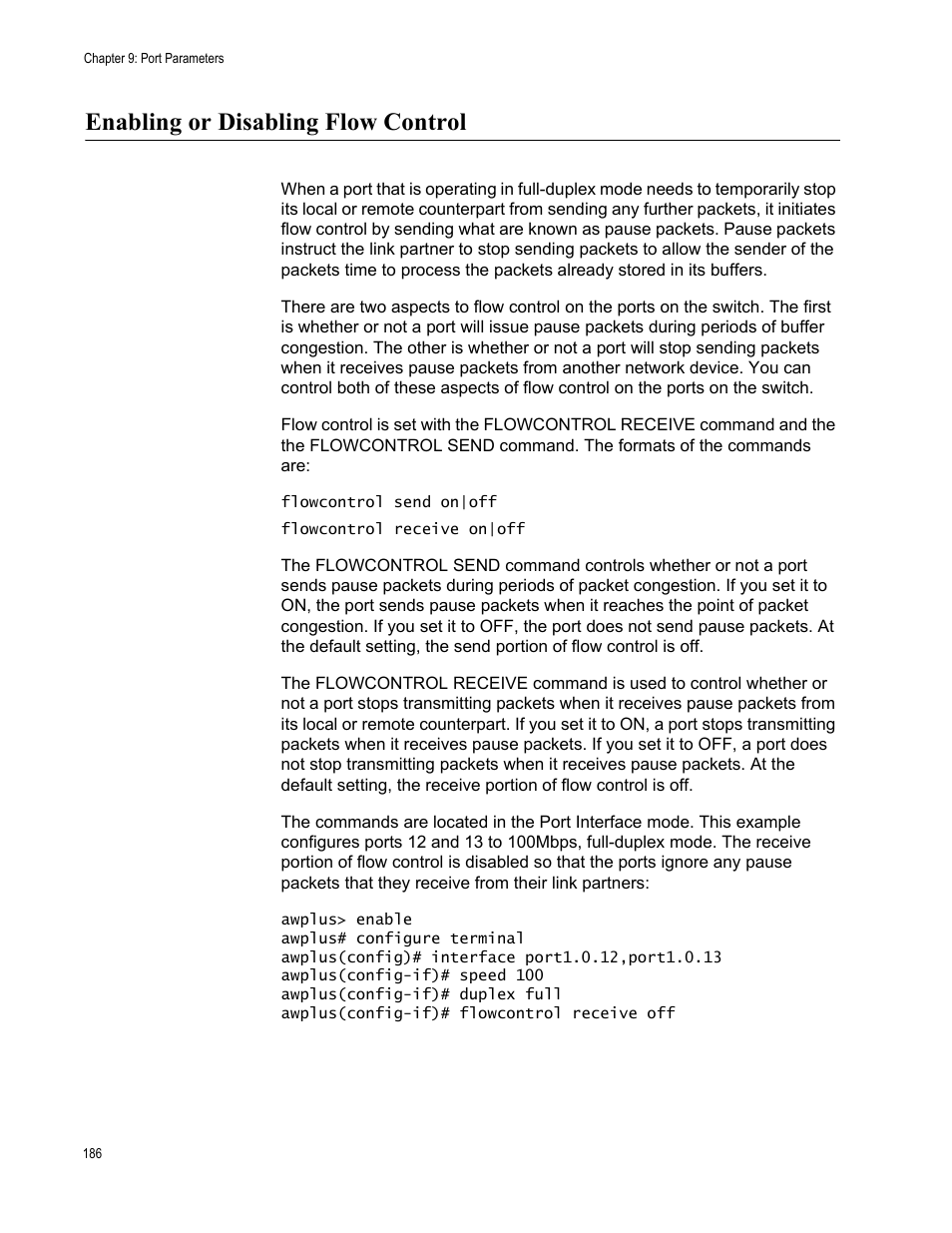 Enabling or disabling flow control | Allied Telesis AT-FS970M Series User Manual | Page 186 / 1938