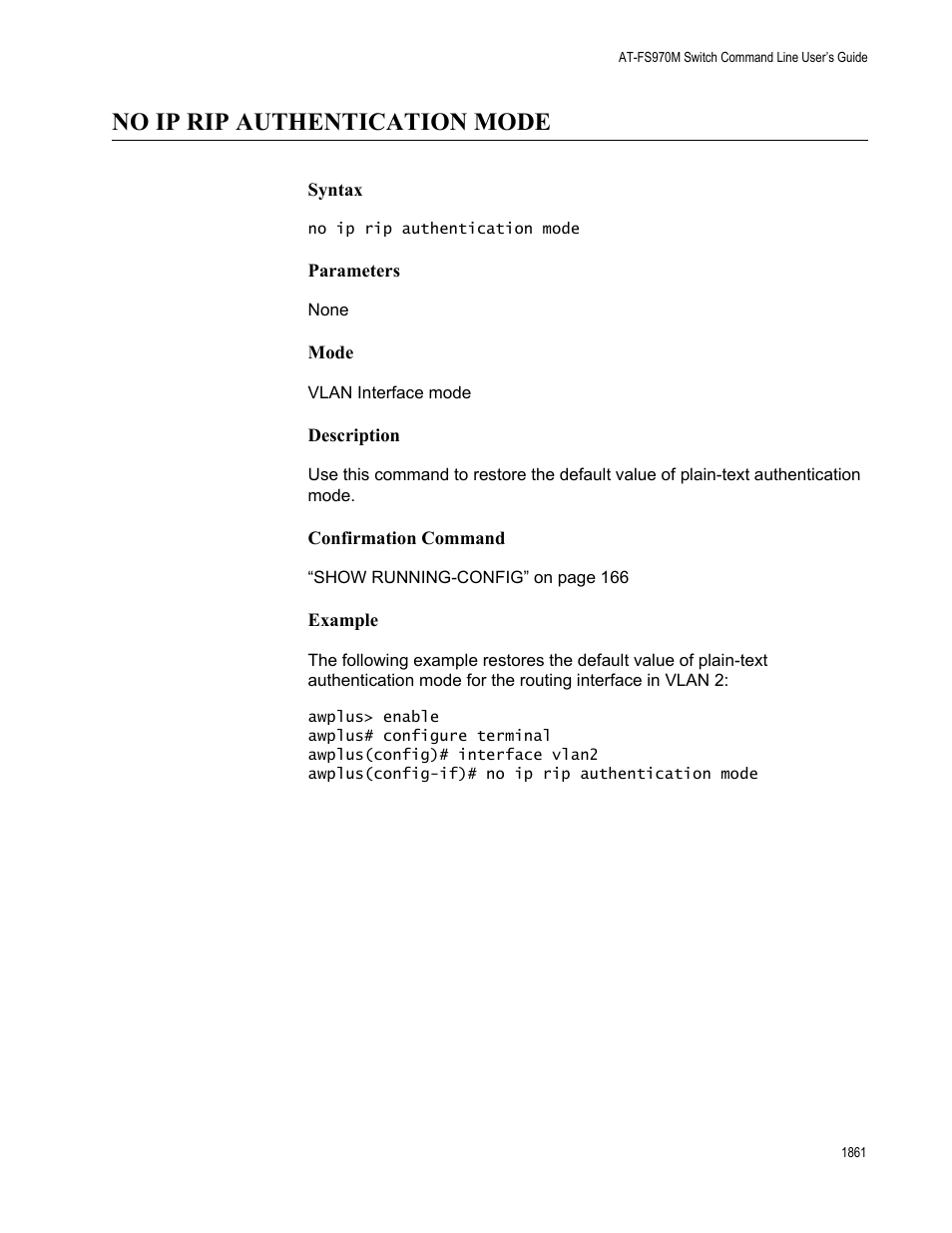 No ip rip authentication mode 1, No ip rip authentication mode | Allied Telesis AT-FS970M Series User Manual | Page 1861 / 1938