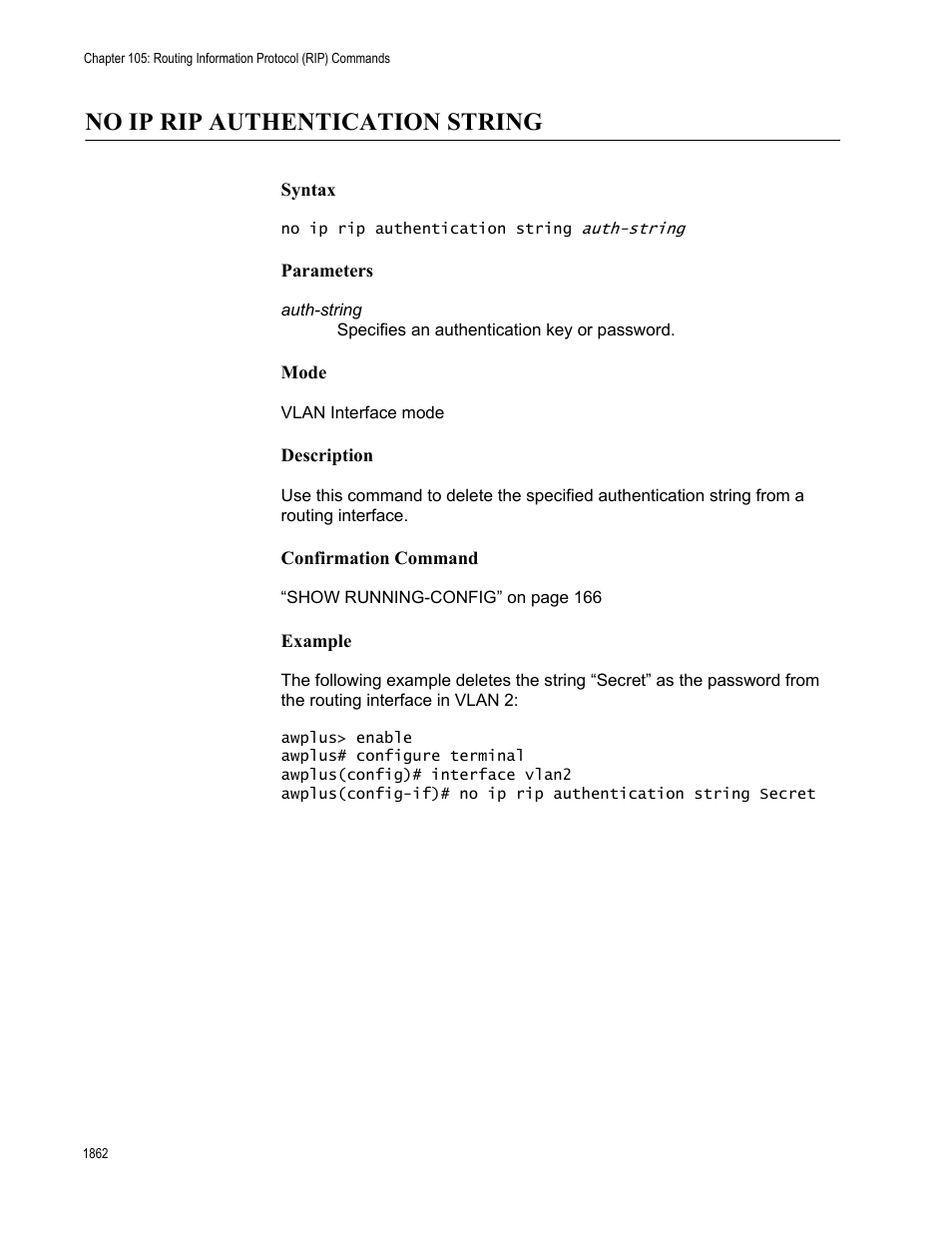 No ip rip authentication string 2, No ip rip authentication string | Allied Telesis AT-FS970M Series User Manual | Page 1862 / 1938