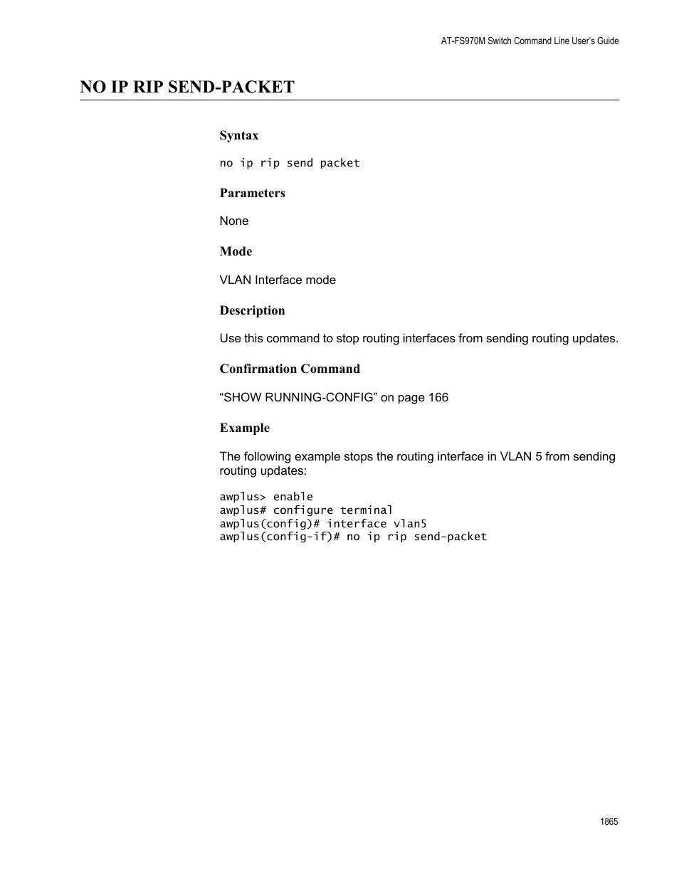 No ip rip send-packet 5, No ip rip send-packet | Allied Telesis AT-FS970M Series User Manual | Page 1865 / 1938