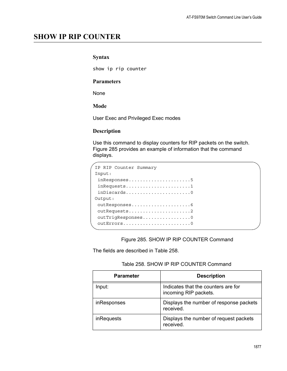 Show ip rip counter 7, Figure 285. show ip rip counter command 7, Table 258. show ip rip counter command 7 | Show ip rip counter | Allied Telesis AT-FS970M Series User Manual | Page 1877 / 1938