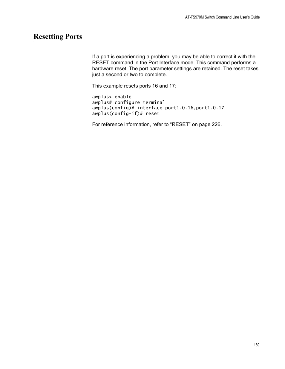 Resetting ports | Allied Telesis AT-FS970M Series User Manual | Page 189 / 1938