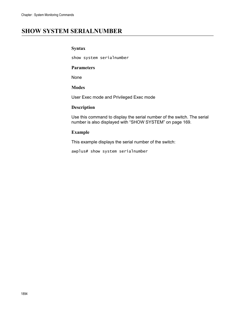 Show system serialnumber 4, Show system serialnumber | Allied Telesis AT-FS970M Series User Manual | Page 1894 / 1938