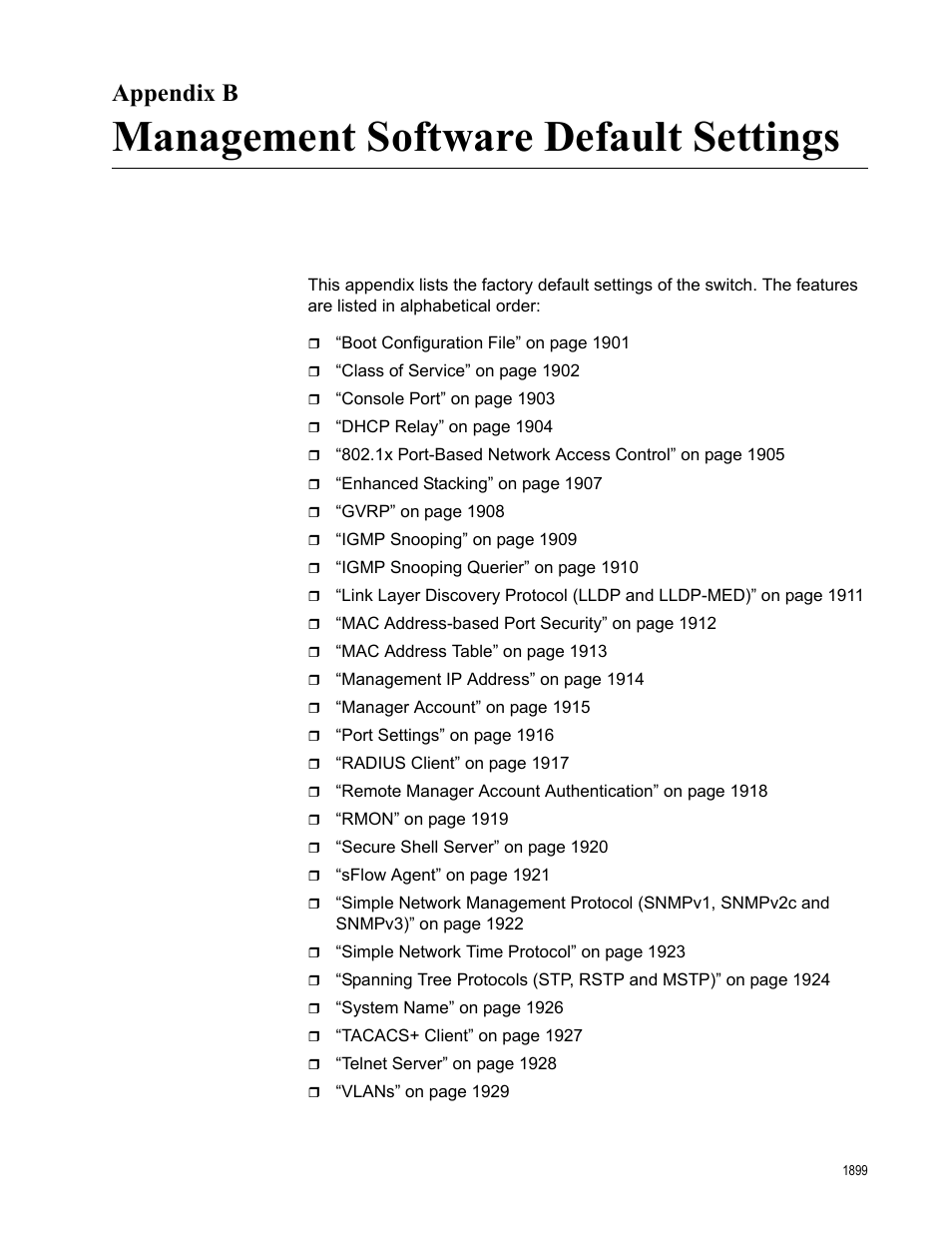 Appendix b, Management software default settings, Appendix b: management software default settings | Allied Telesis AT-FS970M Series User Manual | Page 1899 / 1938