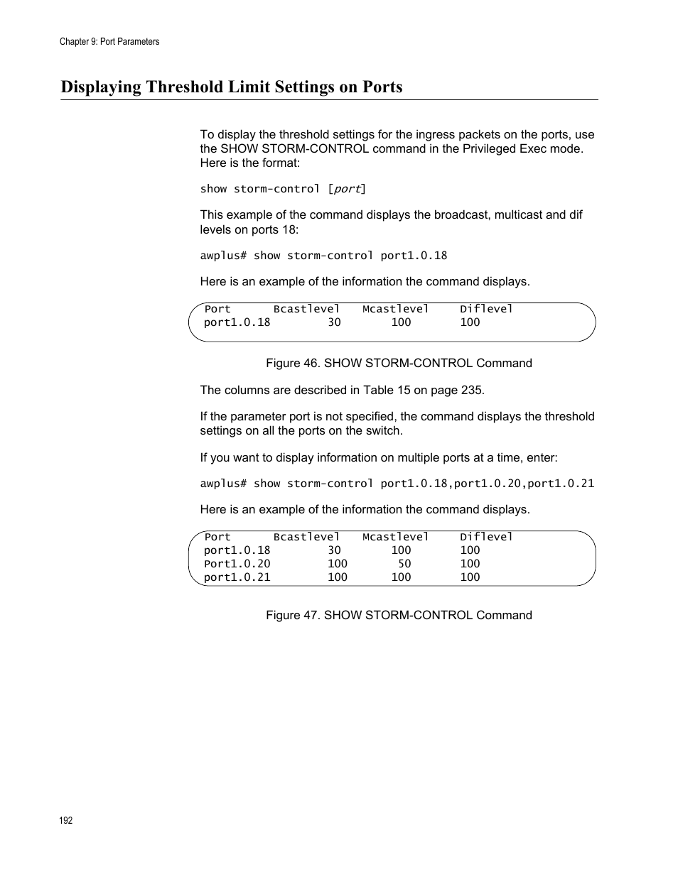 Displaying threshold limit settings on ports | Allied Telesis AT-FS970M Series User Manual | Page 192 / 1938