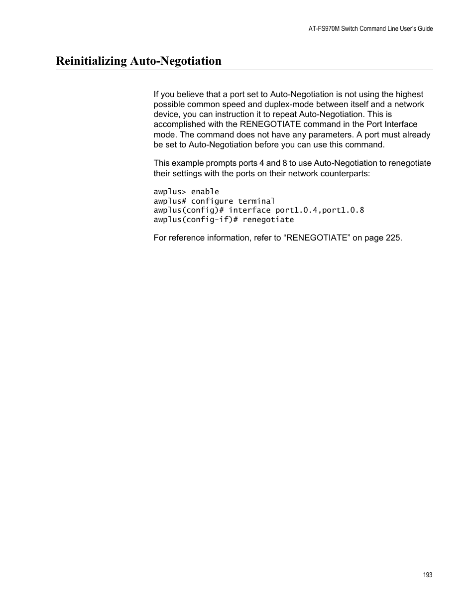 Reinitializing auto-negotiation | Allied Telesis AT-FS970M Series User Manual | Page 193 / 1938