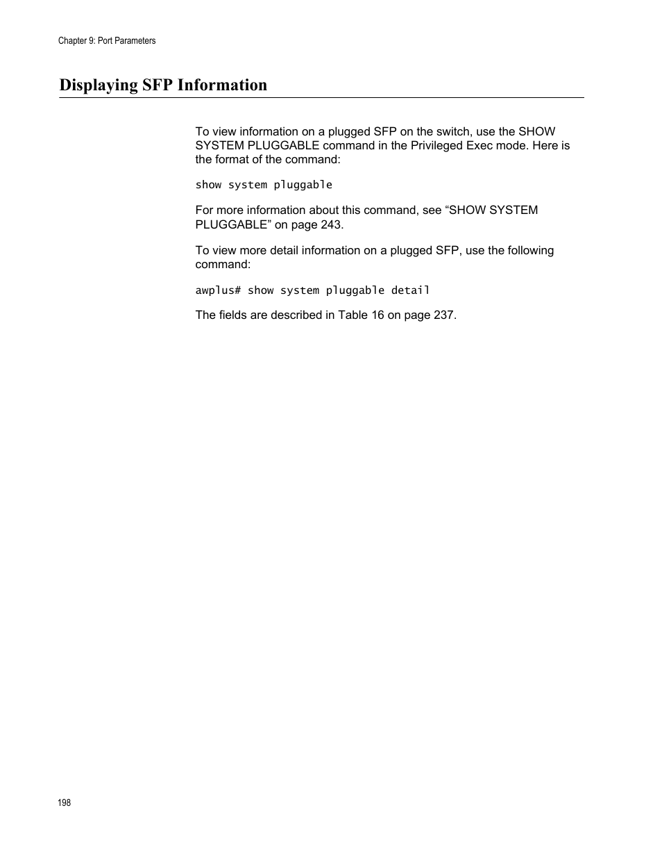 Displaying sfp information | Allied Telesis AT-FS970M Series User Manual | Page 198 / 1938