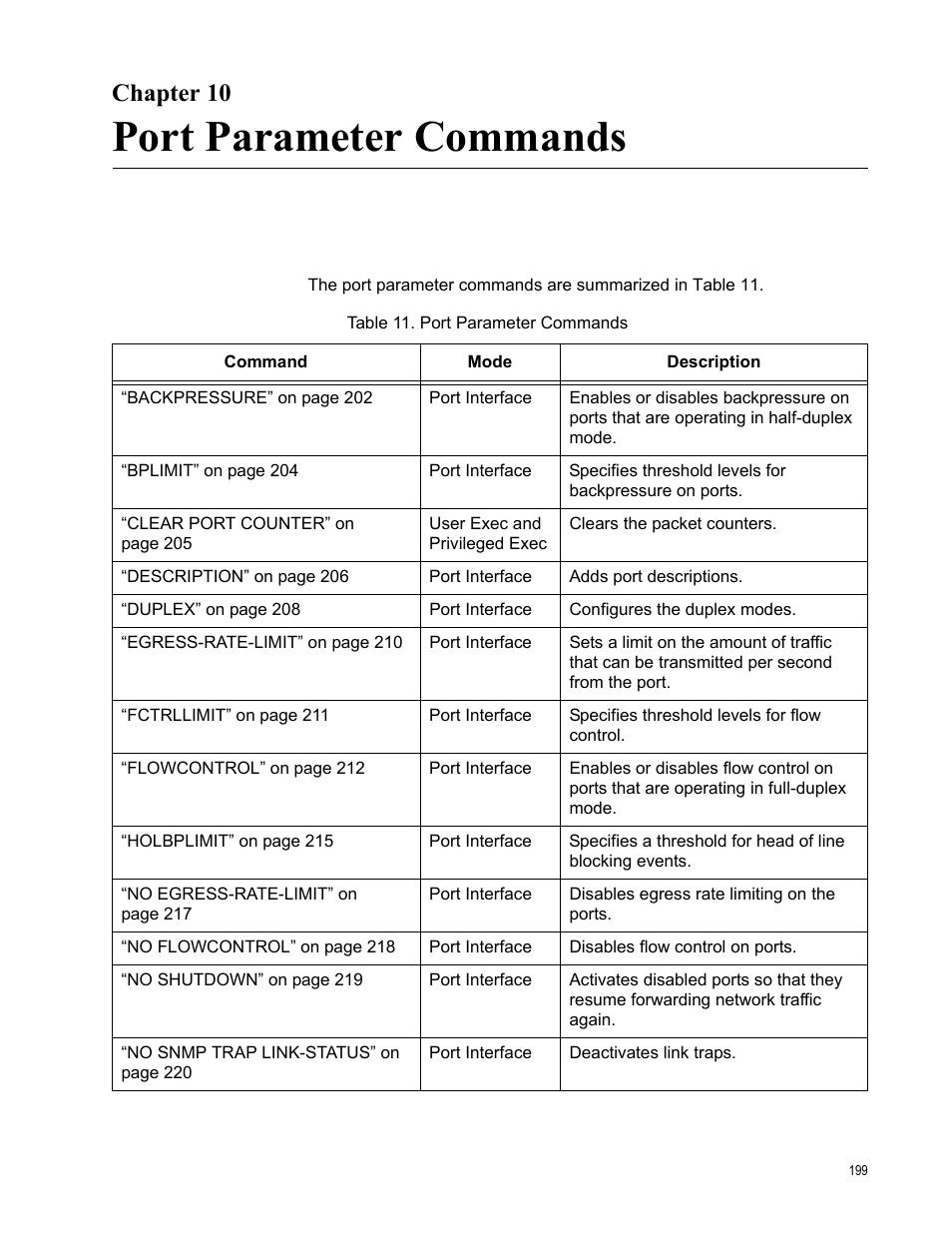 Chapter 10, Port parameter commands, Table 11. port parameter commands | Allied Telesis AT-FS970M Series User Manual | Page 199 / 1938