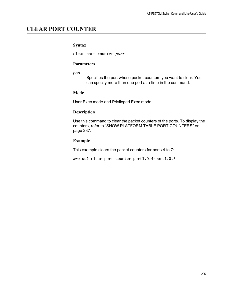 Clear port counter | Allied Telesis AT-FS970M Series User Manual | Page 205 / 1938