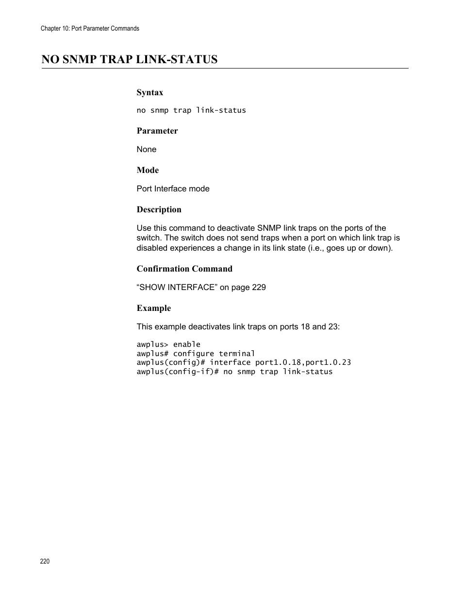 No snmp trap link-status | Allied Telesis AT-FS970M Series User Manual | Page 220 / 1938