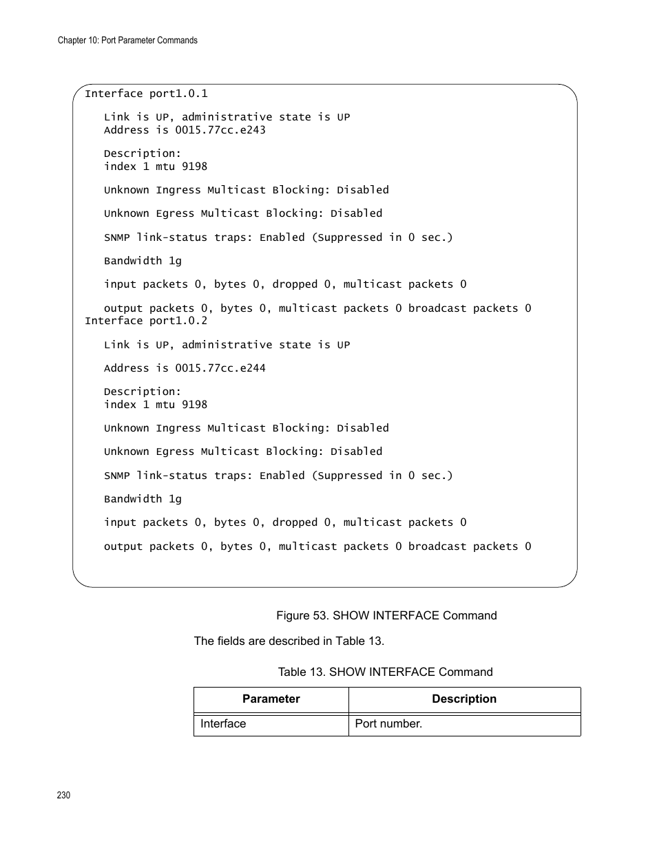 Figure 53. show interface command, Table 13. show interface command | Allied Telesis AT-FS970M Series User Manual | Page 230 / 1938