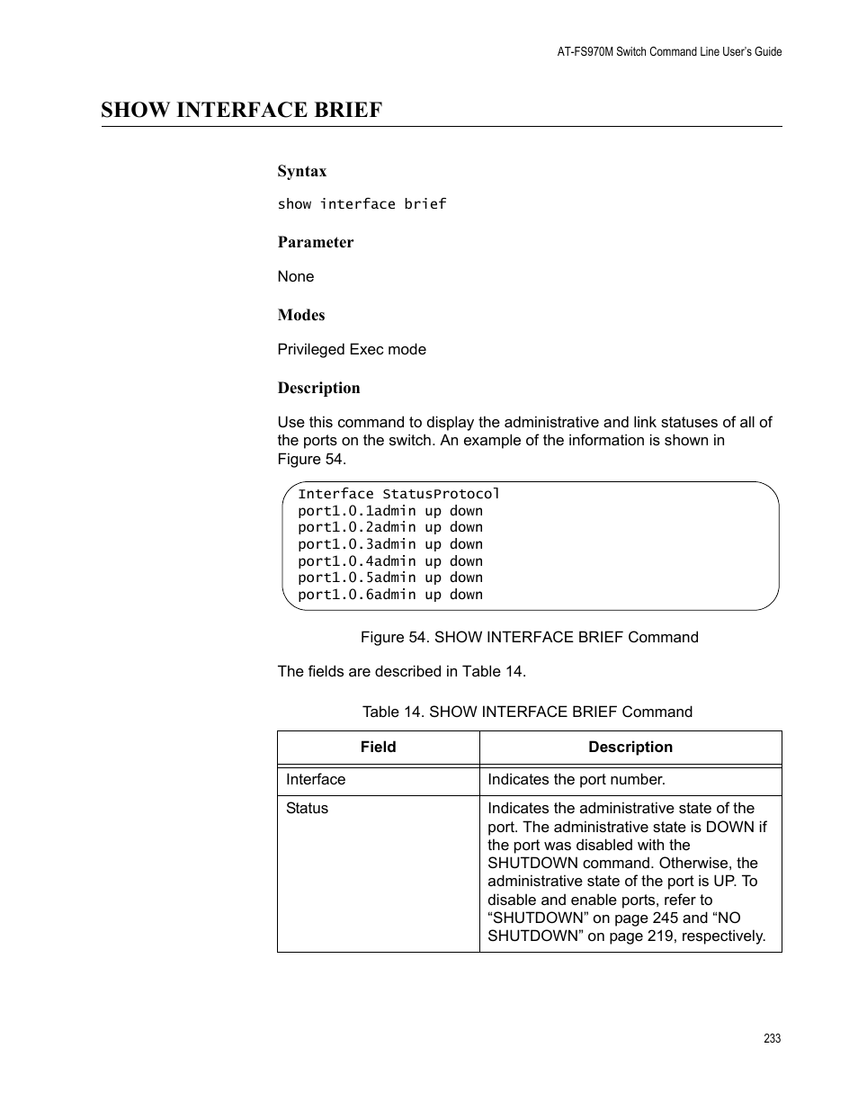 Show interface brief, Figure 54. show interface brief command, Table 14. show interface brief command | Allied Telesis AT-FS970M Series User Manual | Page 233 / 1938